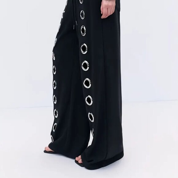Black Large Silver Grommets Wide Leg Pants Fashionista Goth Y2K Streetwear - Picture 3 of 6